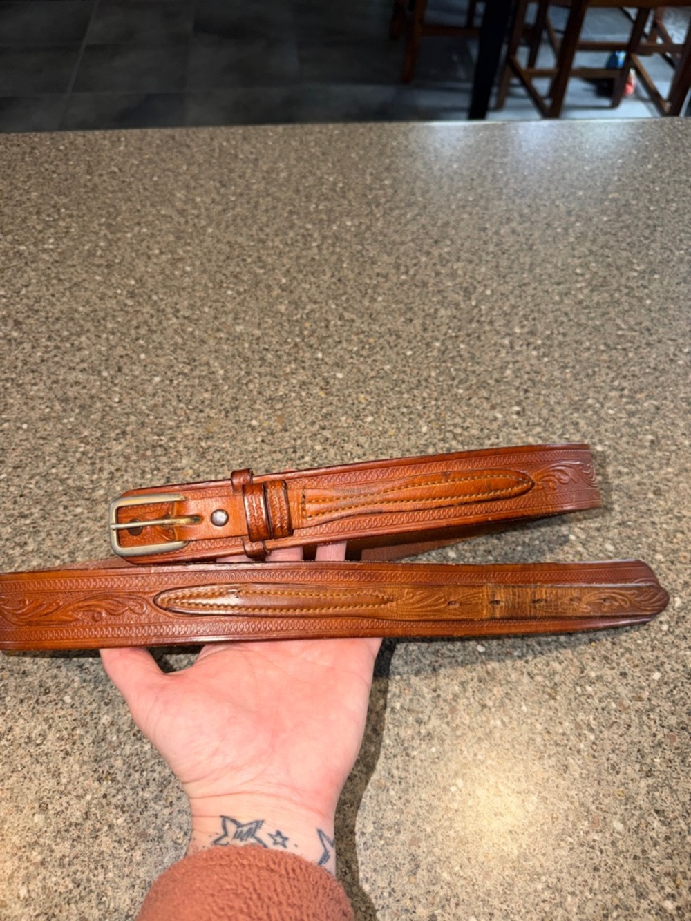 Men's Embossed Leather Belt in Tan with Metal Buckle